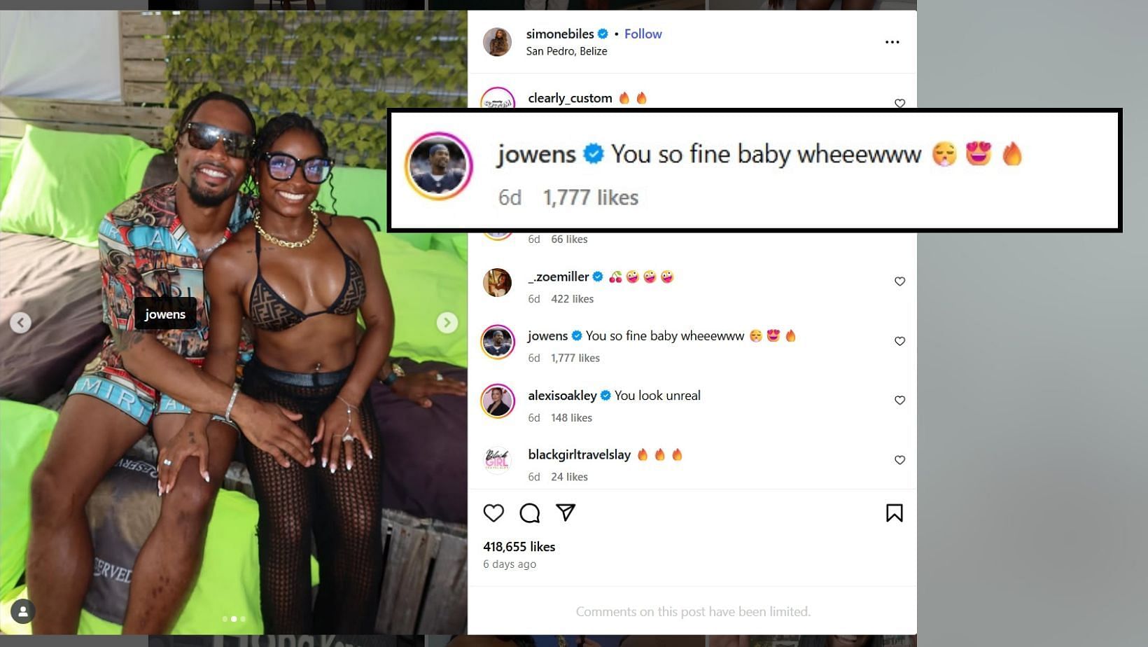Jonathan Owens dropped compliment on Simone Biles' pics (Image Credit: Biles/IG)